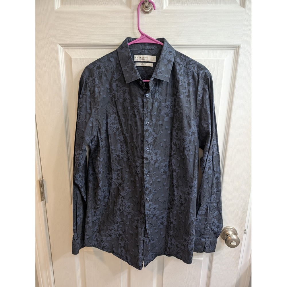 Primark Mens Slim Fit Button Down Shirt Blue Floral Jacquard Cotton - Size L